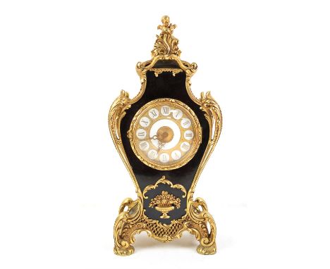 AMENDED DESCRIPTION - Late 20th century French style gilt-metal and tortoiseshell effect mantel timepiece clock, 44 cm high 