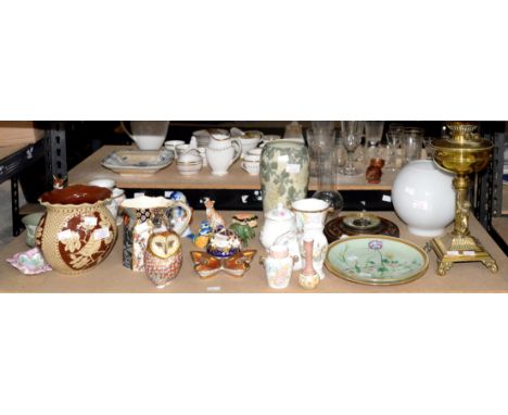 Two Royal Crown Derby paperweights 'Owl' and 'Frog', other china and a brass oil lamp etc.,