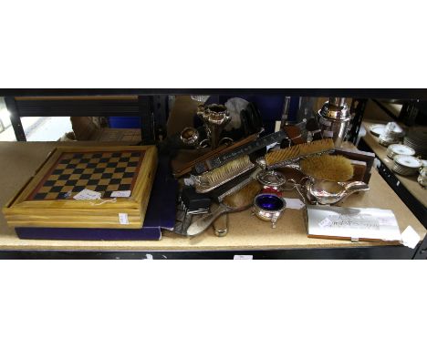 Various folding rules, games compendium, Royal Worcester cake stand, metal figure of a lady, and various plated wares