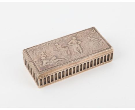 Victorian table top rectangular snuff or trinket box with arched decoration to four sides and a dancing garden scene with fiv