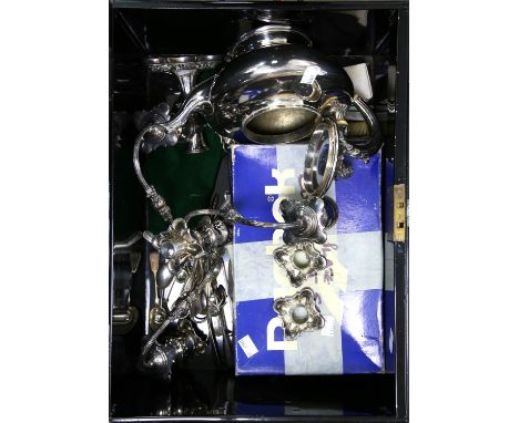 Silver plated three branch candelabra with scrolling arms on shaped base, silver plated tea pot, flatware, pair of sauceboats
