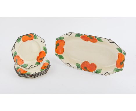 Wilkinson Honeyglaze sandwich set, comprising a serving plate, 30 cm wide and six octagonal plates, 14 cm, with orange design