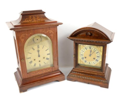 Early 20th century inlaid mahogany bracket clock, the cavetto top over a silvered brass arched dial with Chime/silent subsidi