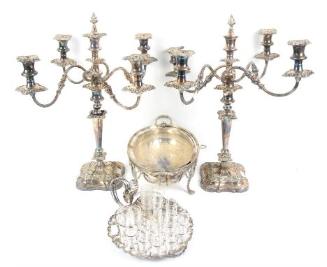 Pair of silver plated five light candelabra with scrolling arms on tapering columns H 53cm, chaffing dish and silver plated l