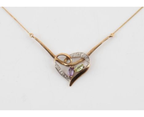 AMENDED DESCRIPTION - Heart pendant set with small diamonds and an amethyst and peridot stone, on an integral fine chain in 9