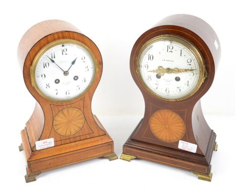 Early 20th century satinwood and ebony strung balloon shape clock with patera inlay, the enamel dial inscribed Ludgate Hill, 