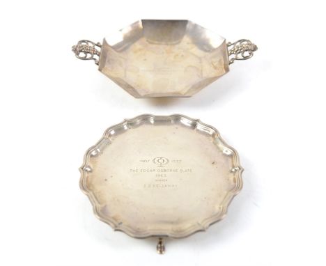 Octagonal two handled silver presentation dish, "Herne Bay Ladies Golf Club 1936" by H. H. Plant, London 1934, 8oz 249.5gm 21