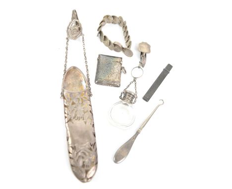 Silver glasses case on belt hook, Birmingham 1904, vesta case, Sheffield 1897, carpenters pencil holder, Birmingham 1901, wei
