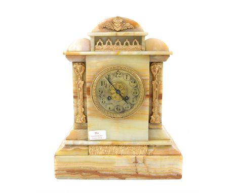 Late Victorian yellow marble mantel clock, with applied gilt metal mounts and dial, the French twin train movement striking o