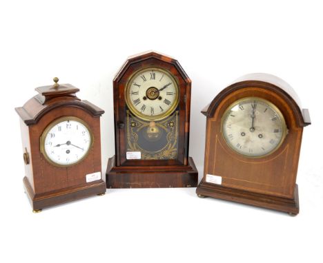 Early 20th century chequer banded mahogany mantel timepiece clock, the arched case with enamel dial inscribed Maple & Co Ltd,