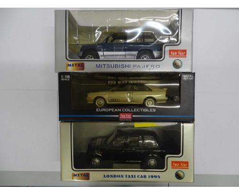 A group of 1:18 scale diecast cars by SUN STAR comprising Audi Quattro, Mitsubishi Pajero &amp; TX1 London Taxi - VG/E in F/G