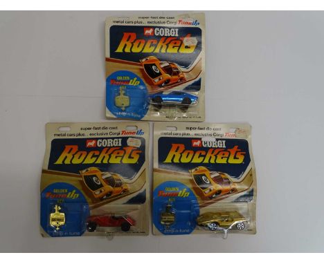 A group of three CORGI ROCKETS comprising Aston Martin DBS, Morgan Plus 8 and a Marcos XP - all sealed on original cards with