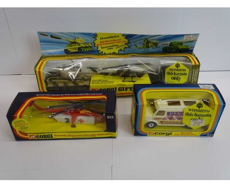 A group of three 1970s CORGI toys comprising a 922 Sikorsky Sky Craned, 431 Vanatic and a Military Gift Set number 17 complet