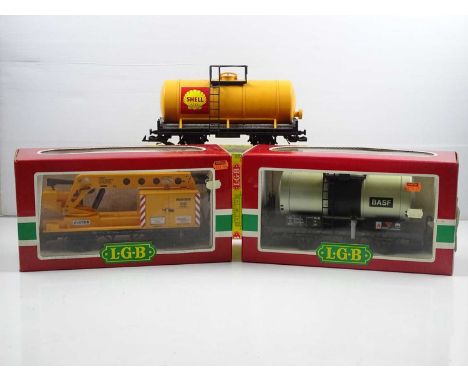 A group of LGB G scale wagons comprising 4040 and 4040C tank wagons together with a 4042 crane - VG in G/VG boxes (3)