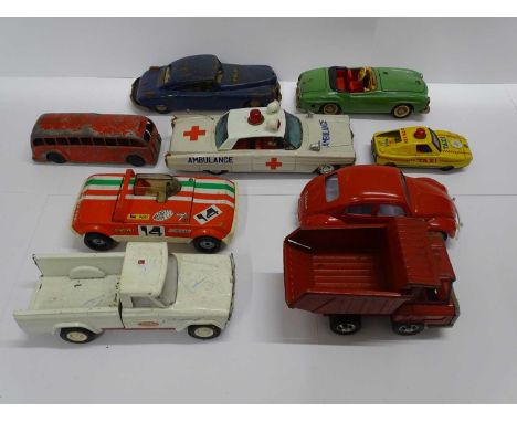 A mixed group of tinplate large scale model cars by SCHUCO, ARNOLD, ICHIKO plus a METTOY diecast bus etc - P/G (unboxed) (9)