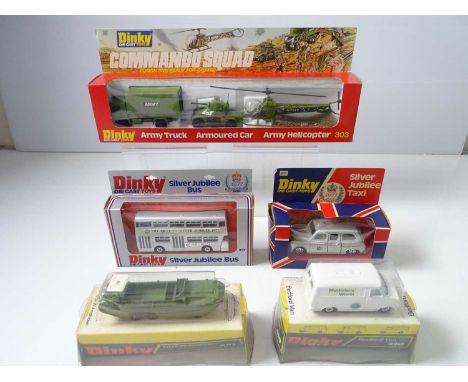 A group of DINKY Toys comprising 303 Commando Squad gift set; 241 Silver Jubilee taxi; 297 Silver Jubilee bus; 681 D.U.K.W Am