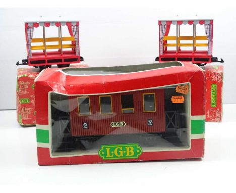 A group of LGB G scale coaches comprising 1x 3000 brown 4-wheel coach and 2x 3041 Zoo/Carnival Passenger cars - VG in F/G box