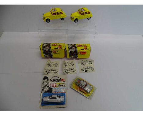 A group of CORGI James Bond related cars comprising 2 x Citroen 2CVs in original boxes together with CORGI JUNIORS Lotus Espr
