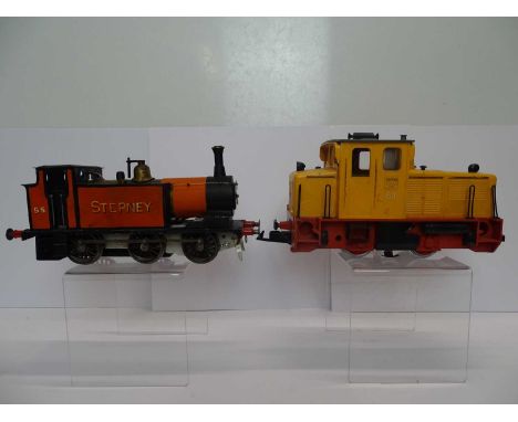 A pair of G scale 45mm locomotives comprising an LGB Schoema diesel in yellow and a scratchbuilt 'Stepney' steam loco on an u