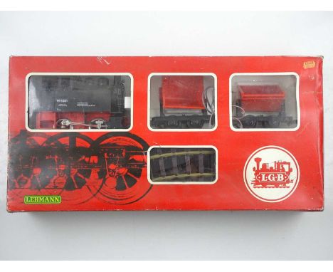 An LGB G scale 20601T starter goods train set comprising loco, tipper wagon, track and transformer - VG in F box