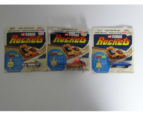 A group of three CORGI ROCKETS comprising Aston Martin DBS, Jaguar Control Car and a Bertoni Barchetta - sealed on original c