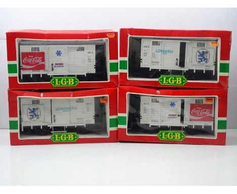 A group of LGB G Scale refrigerated beer and coca cola vans - comprising 2 x 4031 and 2 x 4032L - G/VG in F/G boxes (4)