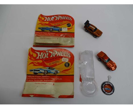 A pair of MATTEL Hot Wheels Redline 1970 comprising a 'Mighty Maverick' (missing button) together with a 'Custom Corvette' (w