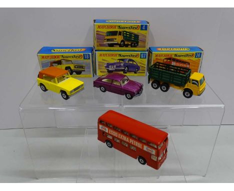 A group of MATCHBOX Superfast cars comprising numbers 4 Dodge Cattle Truck,18 Field Car, 67 Volkswagen 1600 and 74 Daimler Bu