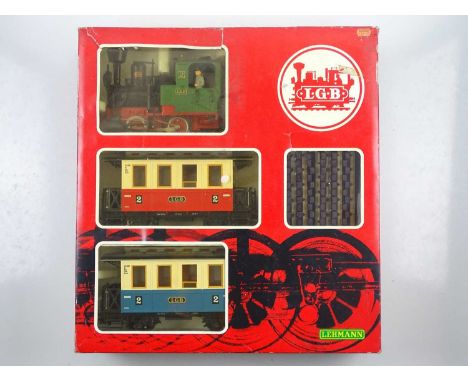 An LGB G scale 20301 passenger train set comprising loco, coaches, track and accessories - VG in G box