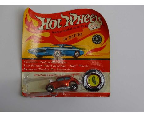 A MATTEL Hot Wheels Redline 1970 'Custom Volkswagen' in metallic red partially unsealed on original card with button - G on G