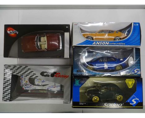 A group of boxed 1:18 scale diecast cars by HOT WHEELS, SOLIDO, MAISTO and ANSON COLLECTIBLES - VG/E in F/G boxes (5) This lo