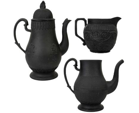 A late 18th century Wedgwood Black Basalt coffee pot and cover. With engine turned decoration and Sybil finial, height 24.5cm
