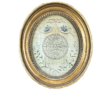 A George III oval silk needlework map of the world. The central hemisphere hung from ribbon drapes flanked by two hairwork fi