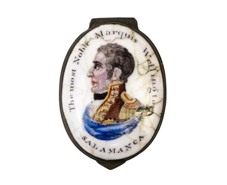 A late 18th century enamel patch box of Bilston type. The Most Noble Marquis of Wellington Salamanca, with a polychrome profi