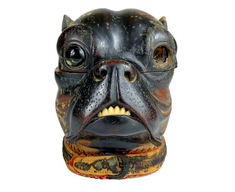 A Victorian novelty carved walnut Bull Dog inkwell. With inset glass eye, bone teeth and a leather collar, height 13cm.