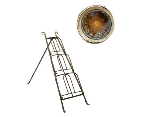 A three-tier folding brass stand or rack. Height 85cm, together with a brass and lacquered marine binnacle compass, diameter 