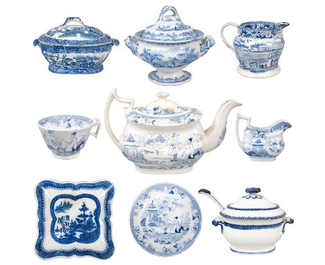 A 19th century English pottery part tea service. Blue and white transfer decorated with figures in a trellised garden, compri