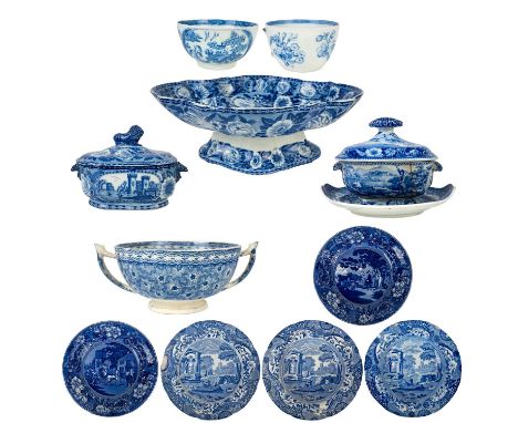 A 19th century pearlware pottery table centre piece. Decorated in blue and transfer print, height 11cm together with various 