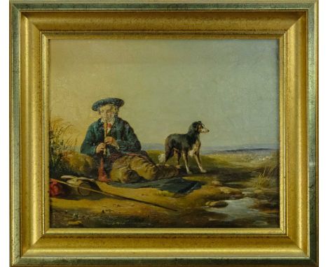 English School, mid-19th century. A young traveller, playing the pipe, with his hound at his side.Oil on canvas, 17X22cm.
