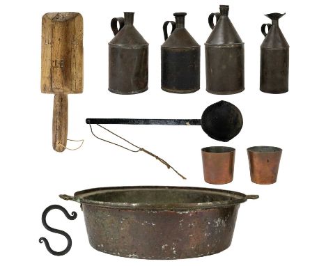 A plumber's dressing mallet. With carved L.E initials, length 32.5cm together with a Black oil tin and three other oil tins, 