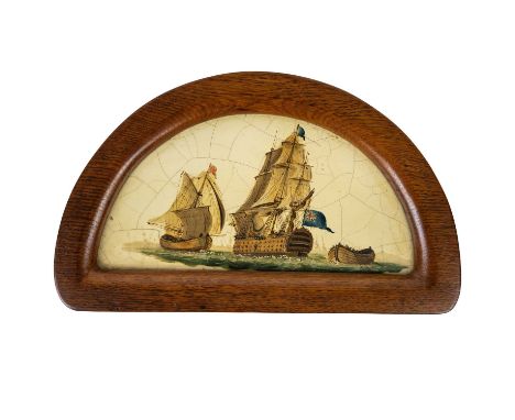 A small painted arch panel. Probably from a longcase clock arch, painted with a Man O' War, and other boats, in an oak frame,