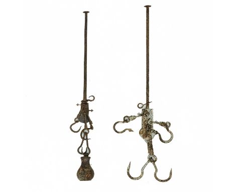 A set of stilyard scales. Length 63cm together with another with a stamped broad arrow mark. (2)