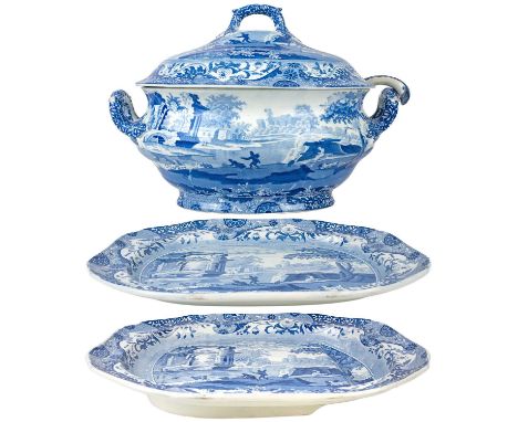 A large 19th century Spode pottery soup tureen and cover in the Italian pattern. Height 26cm, together with a pearlware ladle