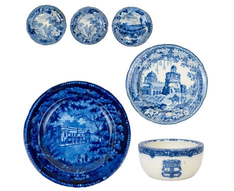 Six pieces of blue printed pearlware. Comprising an Adams views plate, diameter 23cm, a Rogers Monopteros pattern small plate