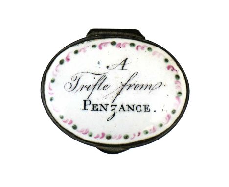 A George III enamel patch box and cover, A Trifle from Penzance. South Staffordshire or Battersea, with green base, width 4.3