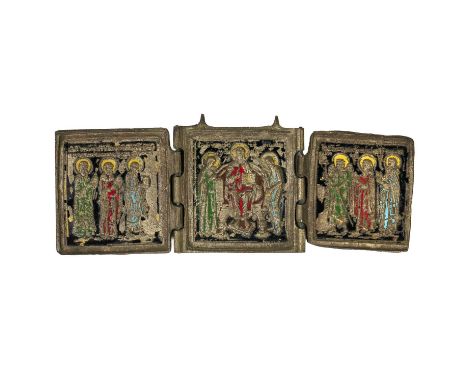 An Orthodox brass and enamel folding triptych Icon. Each panel decorated with devotional scenes with script, the front with a