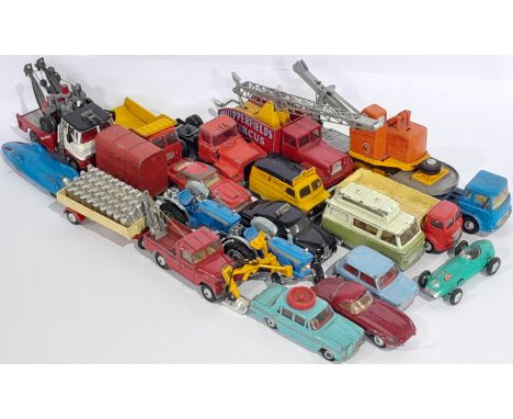 Corgi a unboxed group to include Aston Martin DB4 (Red), E Type Jaguar (Red), Proteus Campbell Bluebird, Bedford Tractor Unit