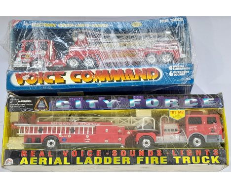 A group of large scale plastic built Fire Service related vehicles such as Fire Engine, Cars, Jeeps, Helicopters and similar.