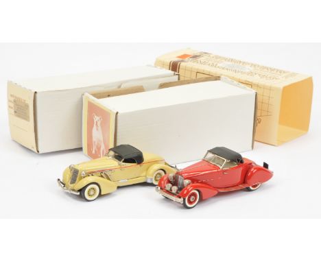 Mini Marque 43 pair (1) US No 8b Packard Boattail Runabout Speedster Top Up by Le Baron - red, black hood (2) USA No 28c Aubu