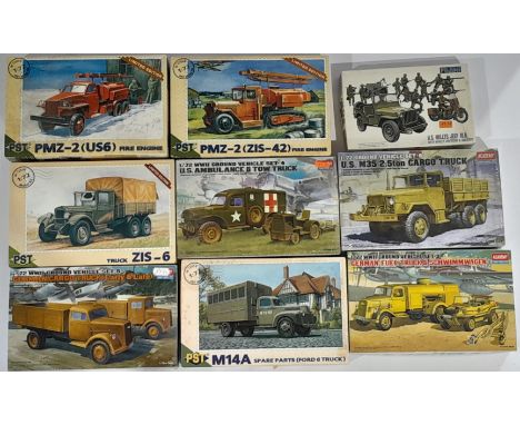 Academy, Fujimi &amp; PST a boxed Kit group to include Academy 1310 WWII Ground Vehicle Set, Fujimi 38038 US Willys Jeep MB, 